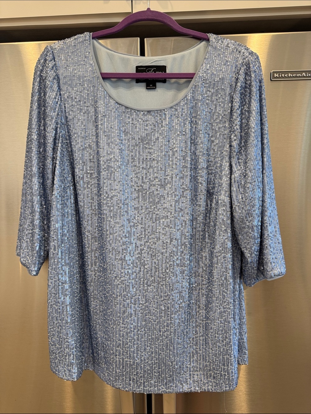 Alex Evenings Light Blue Sequin Scoop-Neck Blouse 1X